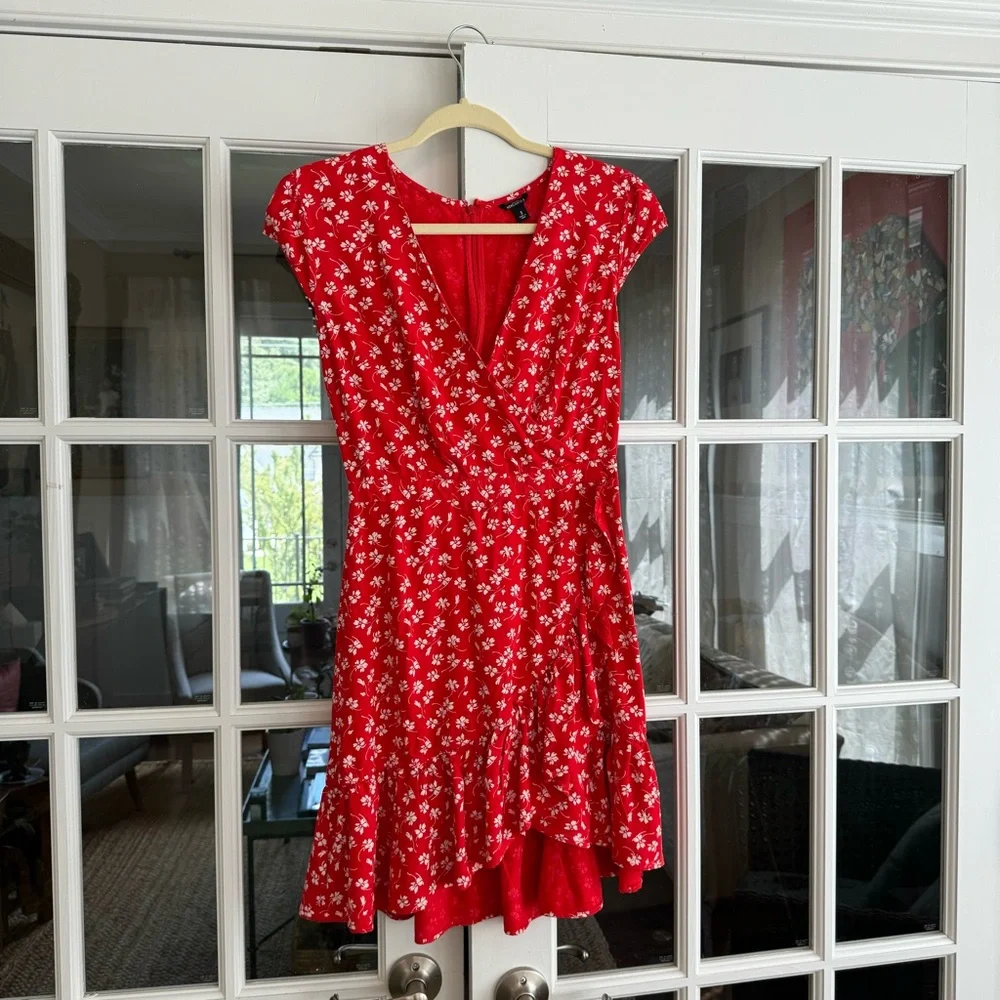 red and white floral wrap dress